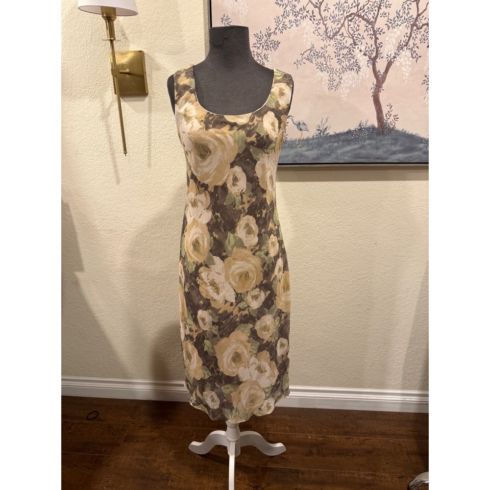 Dana Kay 90s Floral Midi Dress Brown Tan Cream Sleeveless Sheath Size 12
